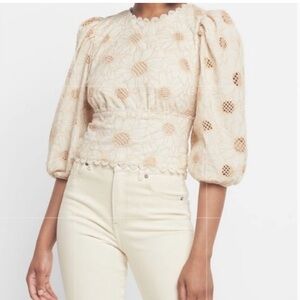 Express Floral Embroidered Puff Sleeve Blouse - Cream and Tan